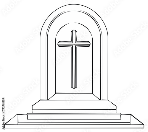 Christian cross inside an arched monument with stone steps