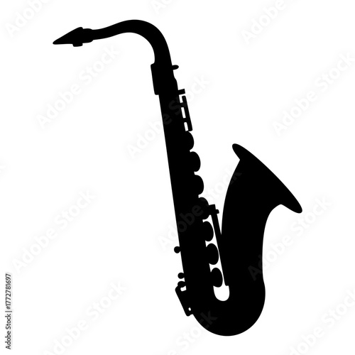 A striking black silhouette of a saxophone with intricate details isolated
