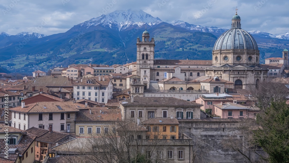 Obraz premium Journey through the historic Venetian Walls and Lower Town from a grand city gate overlooking scenic mountains and architecture in early spring and winter settings