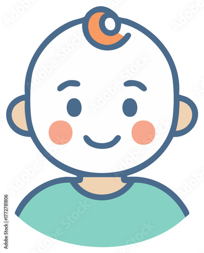 Adorable smiling baby icon with rosy cheeks and a tuft of hair, cute flat vector illustration