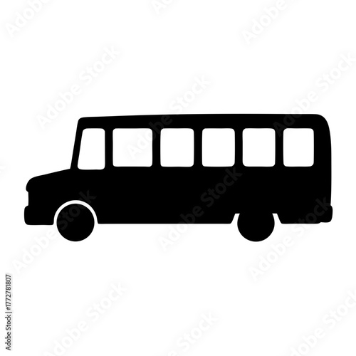 Black silhouette of a passenger bus with many windows on a white background