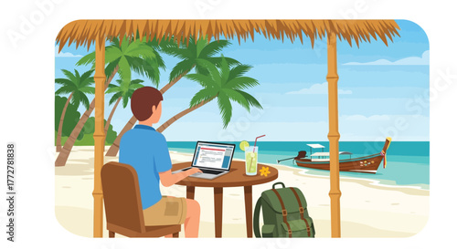 Man working remotely on a laptop at a tropical beach paradise