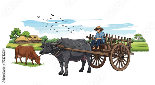 A peaceful rural scene depicting a farmer with his water buffalo and cart