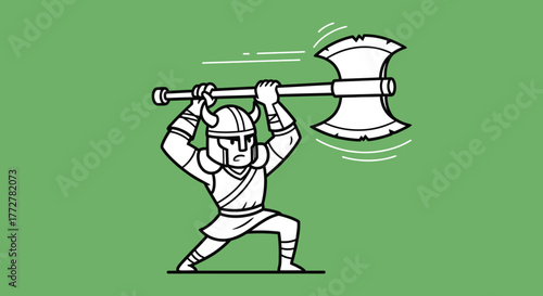 Cartoon warrior wielding a massive axe in a dynamic pose ready for an action game hero adventure
