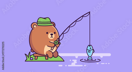Whimsical bear fishing illustration with retro fishing rod and pastel color palette