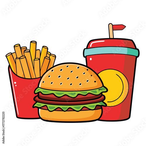 An illustration of various burger and fast-food items