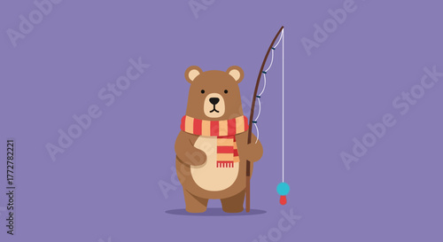 Cartoon bear angler in a scarf with fishing pole against a pastel background color