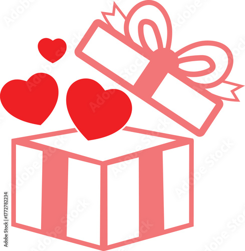 Outline drawing of a gift box opening with hearts represents romantic love surprise