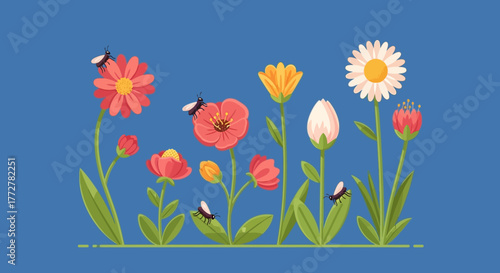 Floral vector illustration with insects, a vibrant spring meadow for graphic design