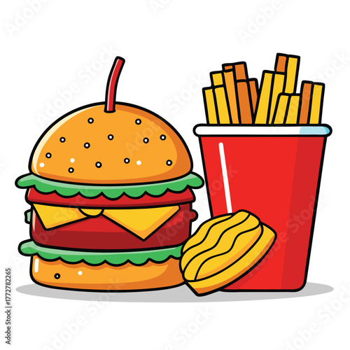 An illustration of various burger and fast-food items