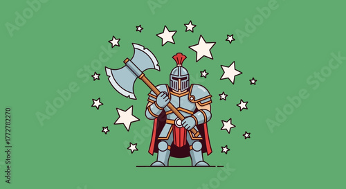 Heroic warrior with a large axe amidst a constellation of stars on green backdrop