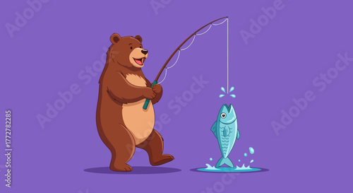 Cartoon illustration of a bear fishing with successful catch ready for design projects and