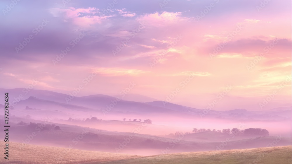 Obraz premium Morning light paints the sky in gentle colors revealing a tranquil landscape of hills and fog.