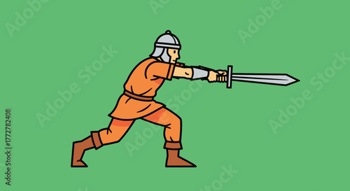 Stylized cartoon warrior wielding sword with determination on flat green backdrop creates vintage