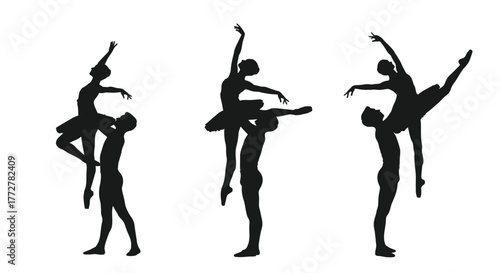 Silhouettes of three ballet dancers in dynamic and graceful poses