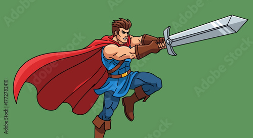Cartoon superhero wielding a sword, set against a vibrant green background illustration style