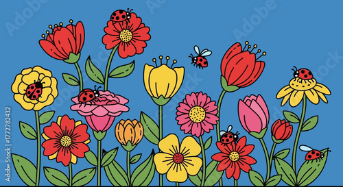 Vibrant botanical illustration featuring assorted flowers and whimsical ladybug decorations