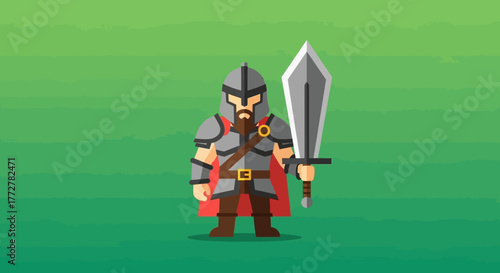 Stylized flat illustration of a brave knight standing tall with a large sword and beard