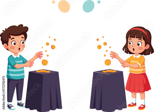 Children Performing Coin Trick with Floating Coins and Tables, Engaging in Magical Play, Surprise Reaction, and Fun Learning Vector Illustration Concept