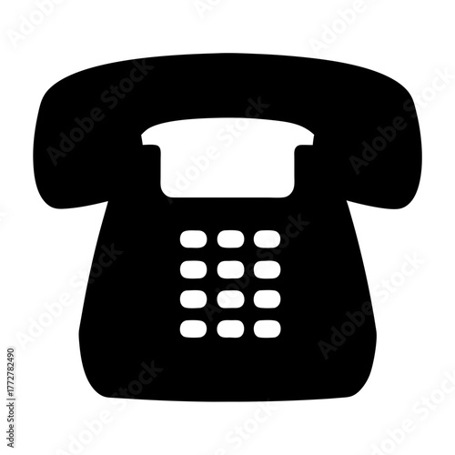 Black silhouette of vintage landline telephone icon, Simple black icon of a classic landline telephone with a keypad and handset, symbolizing communication, contact, or retro technology.

