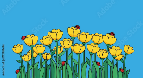 Vibrant yellow tulips with playful ladybugs create a cheerful spring aesthetic illustration