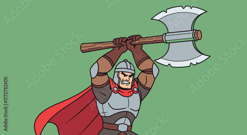 Cartoonish armored warrior wielding a large axe, ready for battle, conveying strength and