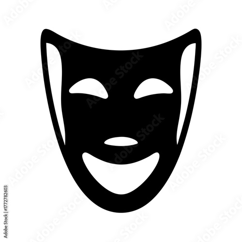 Simple black and white illustration of a theatrical comedy mask icon