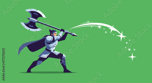 Illustrative warrior character wielding a magical axe with emanating star trail effect