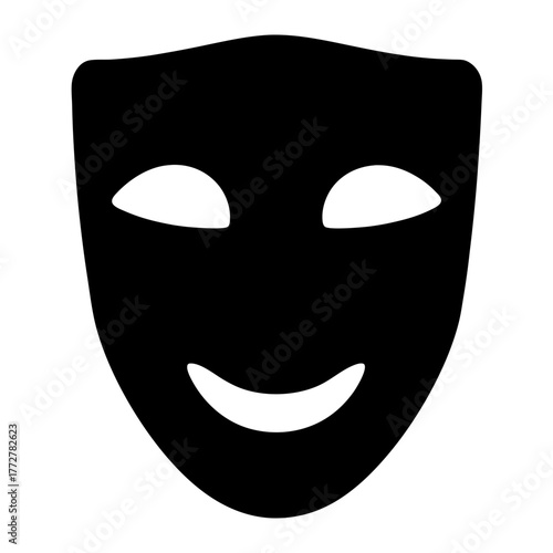 Black and white theatrical mask with simple smiling expression and blank eyes