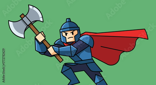 Cartoon knight wielding a large axe in ready stance against a vibrant green background ready to