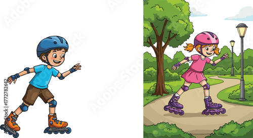 Children roller skating in park, outdoor playtime fun, cartoon kids with safety gear, active lifestyle, vector illustration for stock.