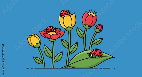 Ladybugs resting peacefully on colorful flower petals in the garden vector illustration