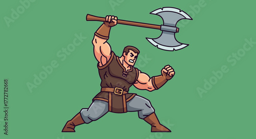 Illustration of a muscular warrior wielding a double-bladed axe with fury and aggression