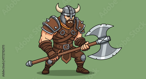 Illustration of a cartoonish, muscular viking warrior with horned helmet and large axe stands