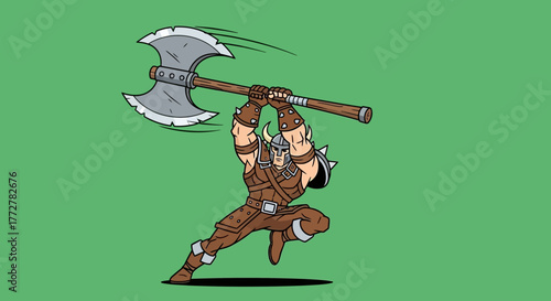 Dynamic cartoon barbarian wielding axe poised for attack on vibrant green backdrop scene