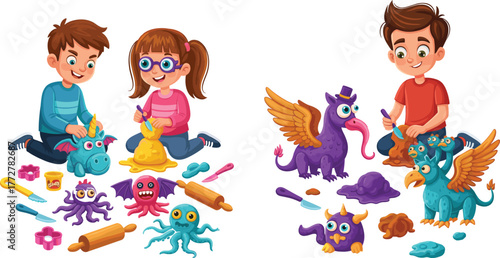 Children sculpting colorful clay monsters, creative playtime, imaginative kids crafting fantasy creatures, cartoon vector art, educational fun illustration.