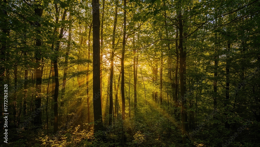 Naklejka premium Rays of light filtering through the foliage, highlighting seasonal change