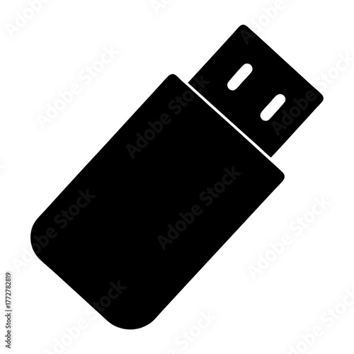 Black flash drive or USB memory stick icon viewed from an angle