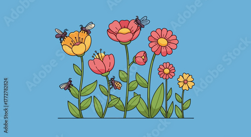 Bumblebees collecting nectar from colorful wildflowers in a digitally created garden illustration