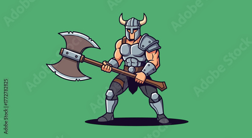 Cartoon viking warrior in armor holding a large axe against a solid green backdrop ready for