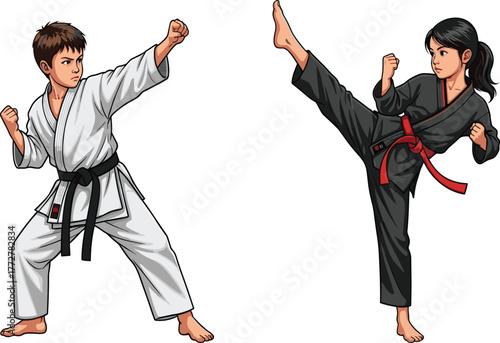 Martial arts fighters in action pose wearing traditional gi uniforms with black and red belts performing kick and combat stance illustration