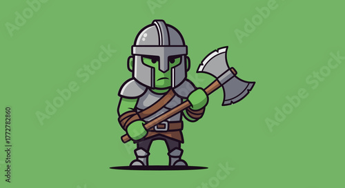 Cartoonish green warrior character with gray armor and wielding a battle axe illustration