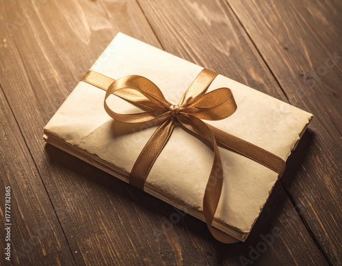 close-up, high-angle image of a stack of curled, aged papers or letters tied with a golden-brown ribbon and bow, resting on a dark, rustic wooden surface.