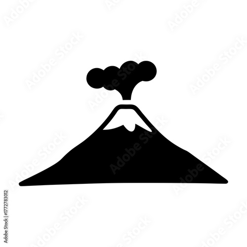 Simple black and white volcano icon illustration with smoke and lava