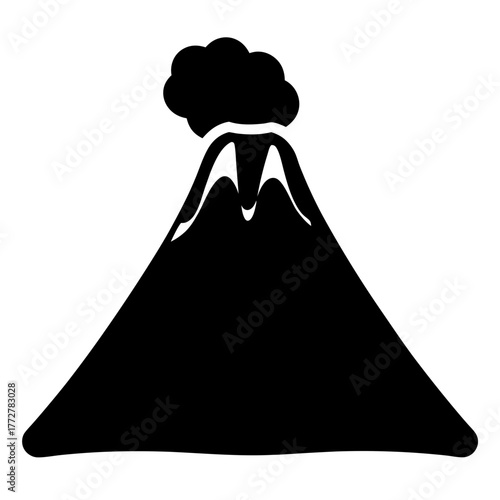 Solid black silhouette of a smoking, dangerous volcano, isolated on white