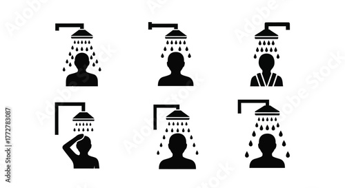 Black silhouette icons depicting people showering under different showerheads