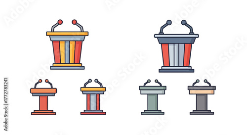 Colorful illustration displaying various styles of podiums and speaker platforms