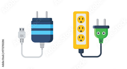 Power adapters and a surge protector illustrated in a flat design style