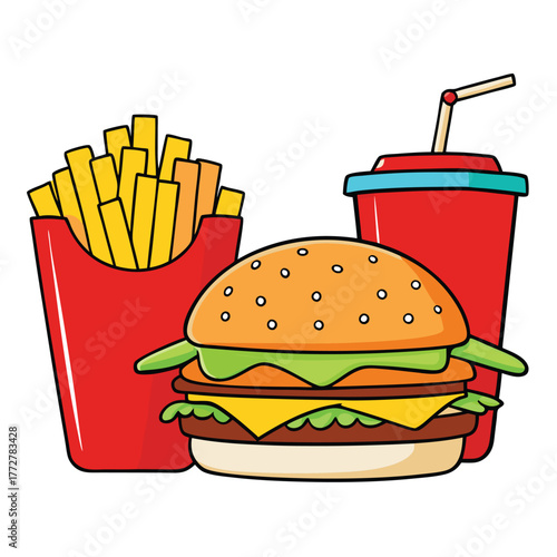 An illustration of various burger and fast-food items