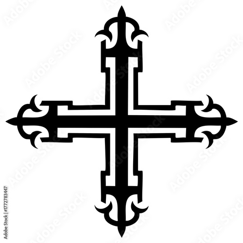 Decorative Gothic Christian Cross Silhouette Graphic Emblem on White Background